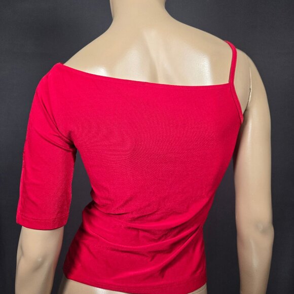 Vintage 90s Y2K Red One Shoulder Top Floral Design Size M Stretch Short Sleeve - Picture 8 of 9
